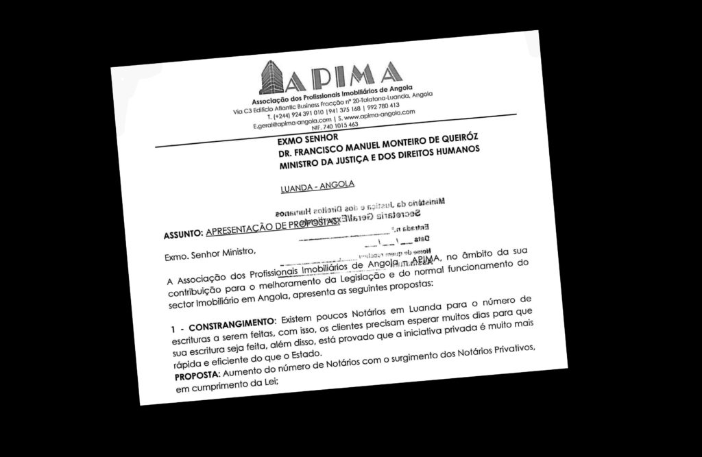 Carta da Associação dos Profissionais Imobiliários de Angola entregue ao Ministro da Justiça